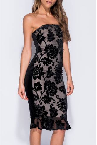 floral-burn-out-velvet-strapless-midi-dress