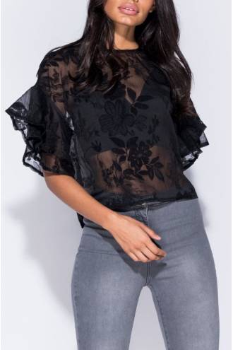 Floral Ruffle Sleeve Sheer Top