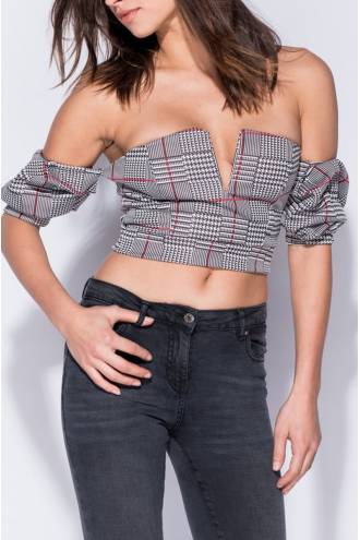 check-puff-sleeve-bardot-crop-top