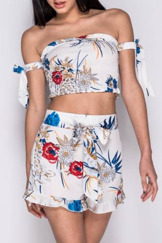 tropical-print-bardot-top-shorts-set